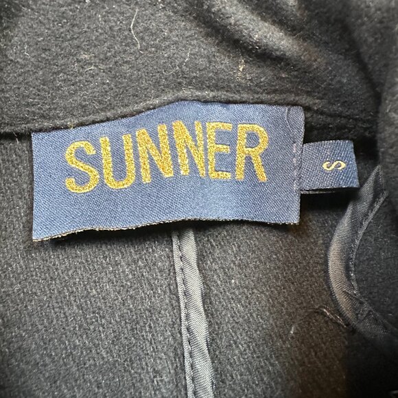 SUNNER Ruffle Trim Military Brass Button Wool Cashmere Blend Coat Navy Blue Sm - Picture 2 of 6